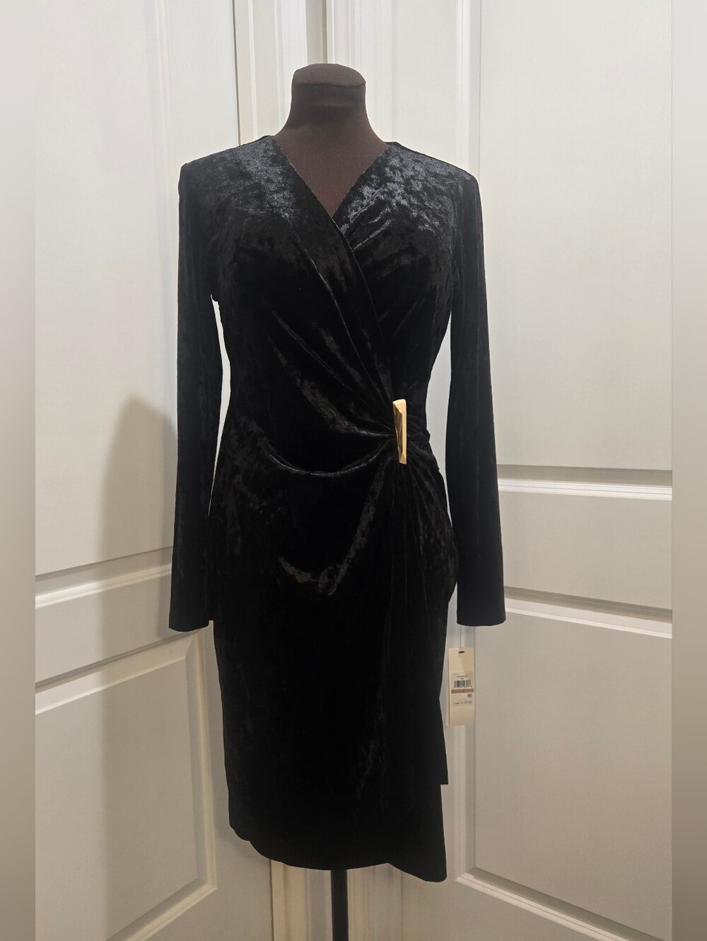 Calvin Klein Black Crushed Velvet Faux Wrap Dress Gold Hardware Size 12 NWT